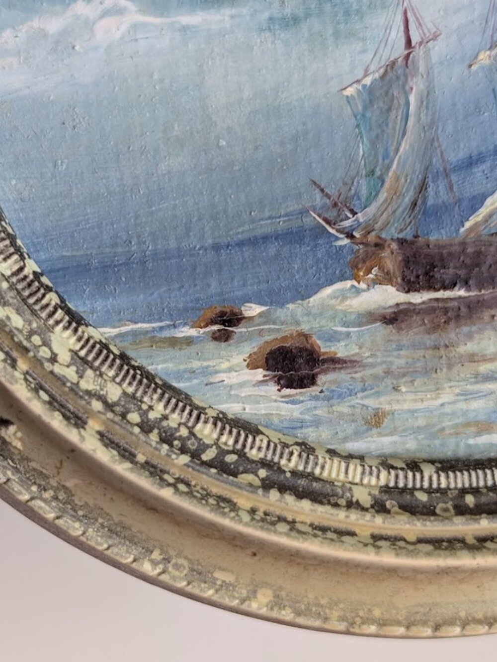 Vintage Oval Framed Oil Painting Ocean Sailboat Vintage Seascape Art Painting 8" - Picture 8 of 15